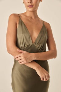 Thumbnail for Gingerlilly - Recycled Satin Long Chemise Fern Olive - STUDIO JO STORE  