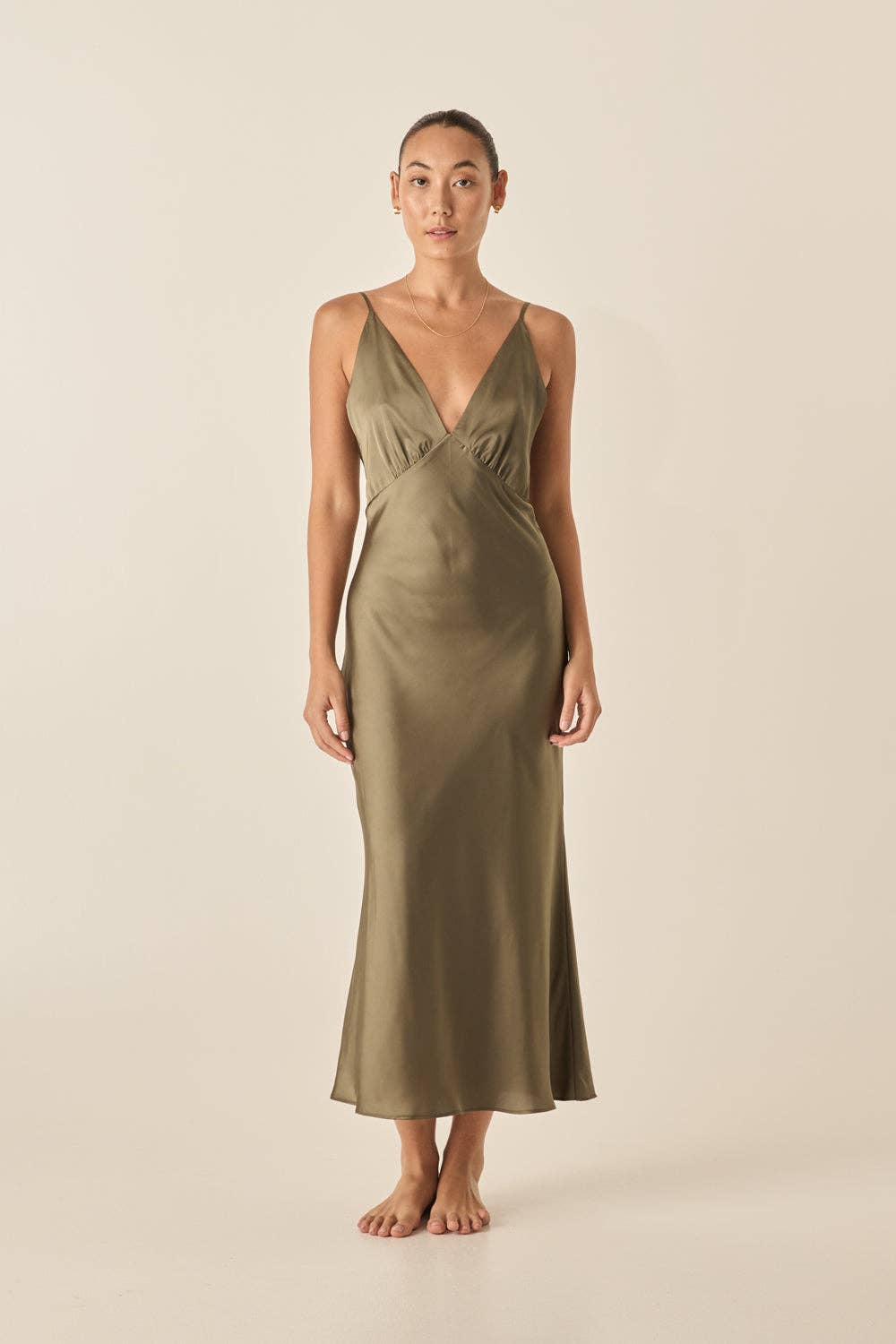 Gingerlilly - Recycled Satin Long Chemise Fern Olive - STUDIO JO STORE  