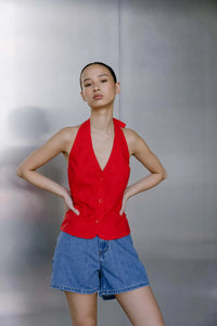 Thumbnail for BISK THE LABEL RUE RED LINEN BLEND HALTER VEST - STUDIO JO STORE  