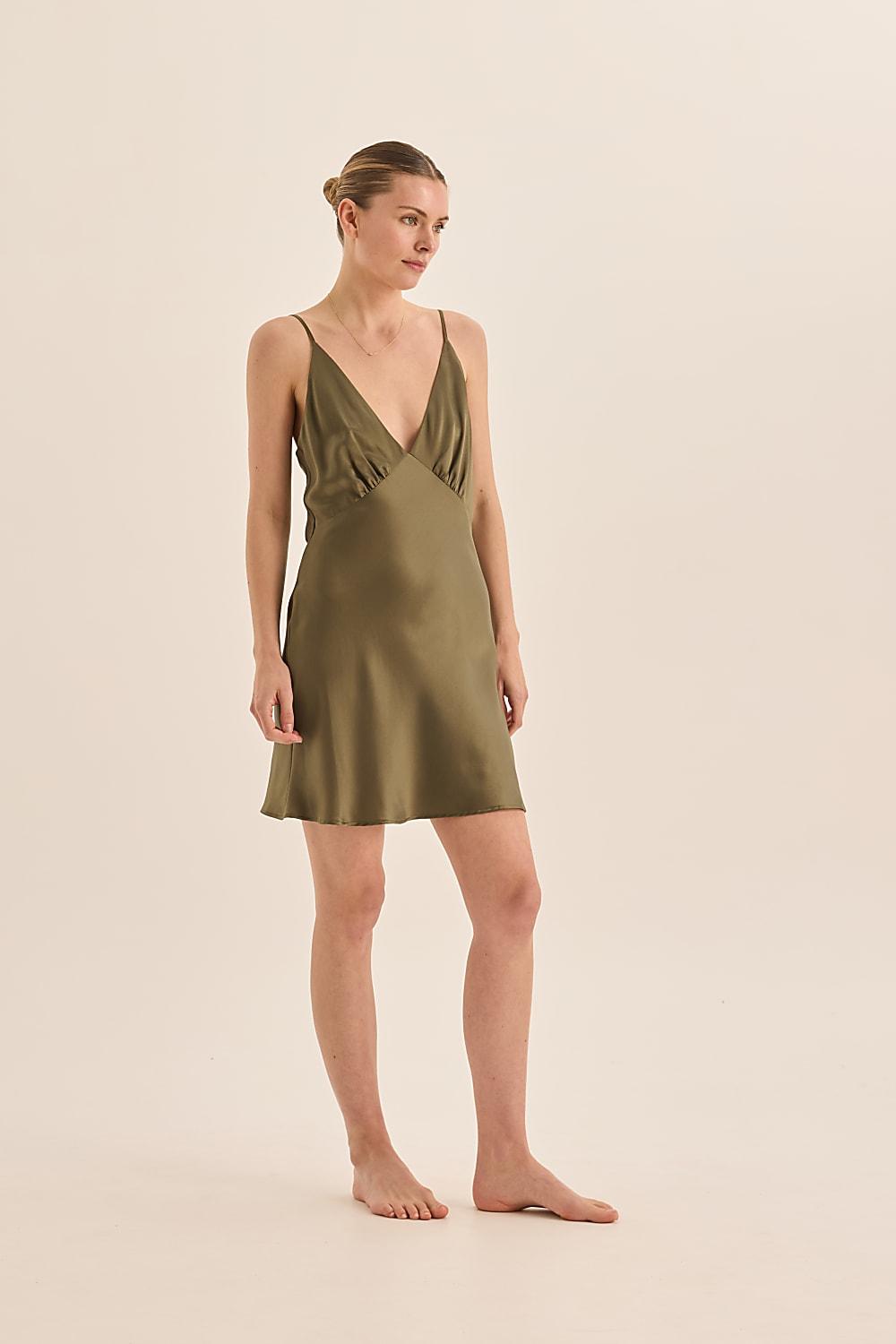 Gingerlilly - Pure Silk Short Luxury Chemise - Seraphina Olive