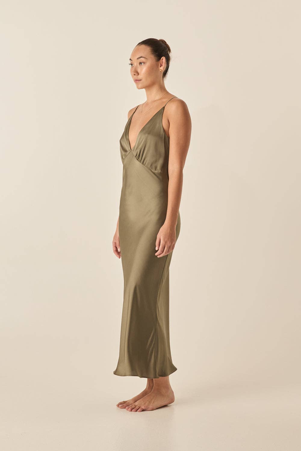 Gingerlilly - Recycled Satin Long Chemise Fern Olive