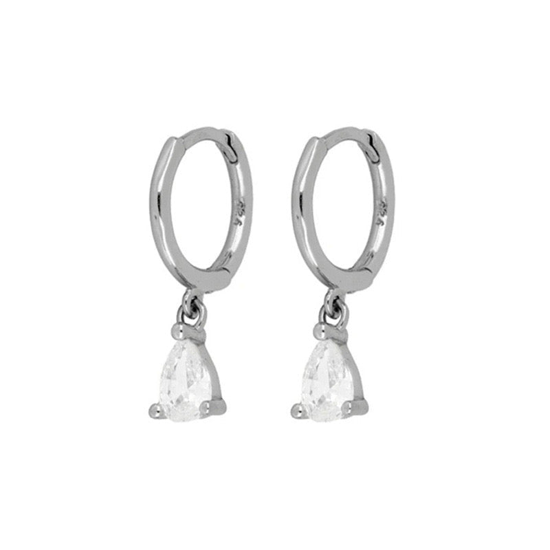 PEAR-CUT CRYSTAL DANGLE HUGGIE HOOP EARRINGS SILVER