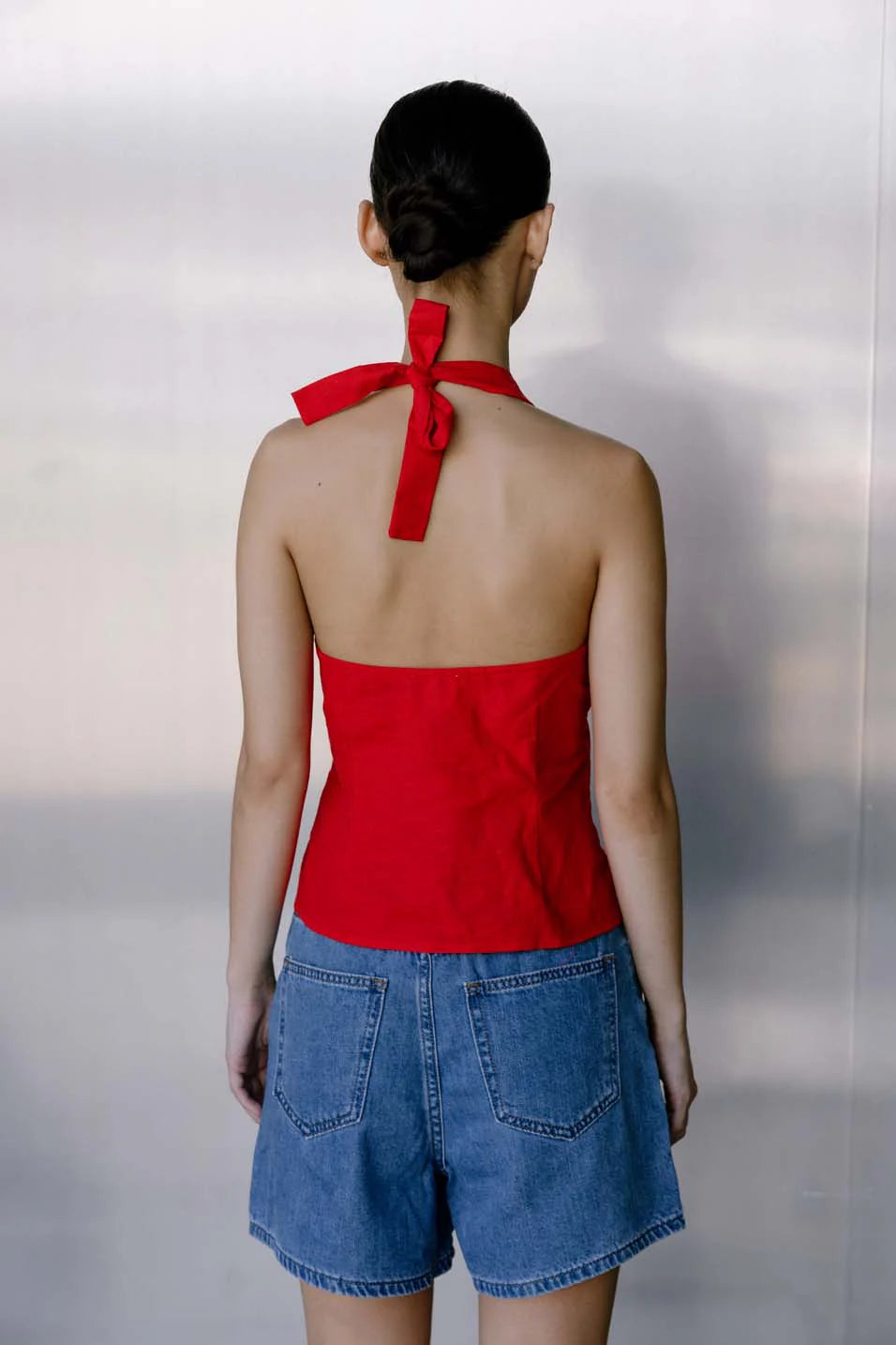 BISK THE LABEL RUE RED LINEN BLEND HALTER VEST - STUDIO JO STORE  