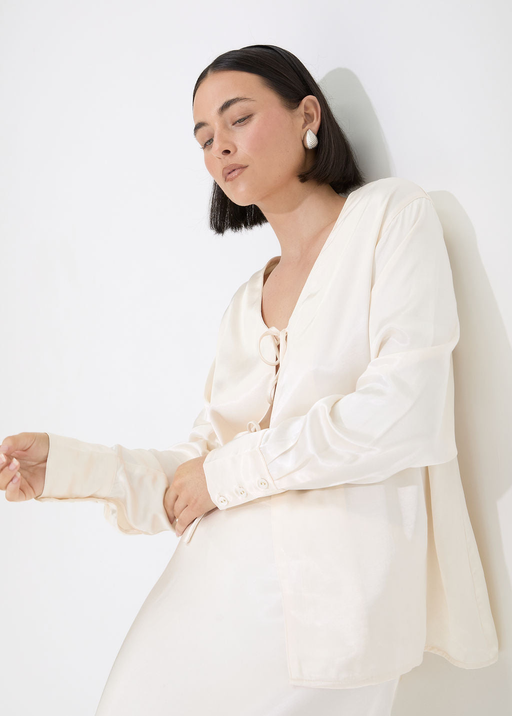 BISK THE LABEL BRIGETTE PEARL SATIN TIE BLOUSE