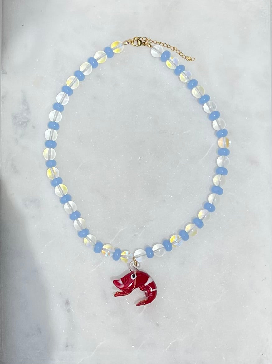 LARRY THE RED LOBSTER PENDANT NECKLACE - BLUE OPALESCENT GLASS BEADS - STUDIO JO STORE  