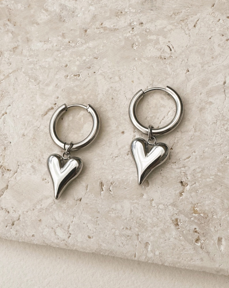 HEART CHARM HOOP EARRINGS SILVER - STUDIO JO STORE  