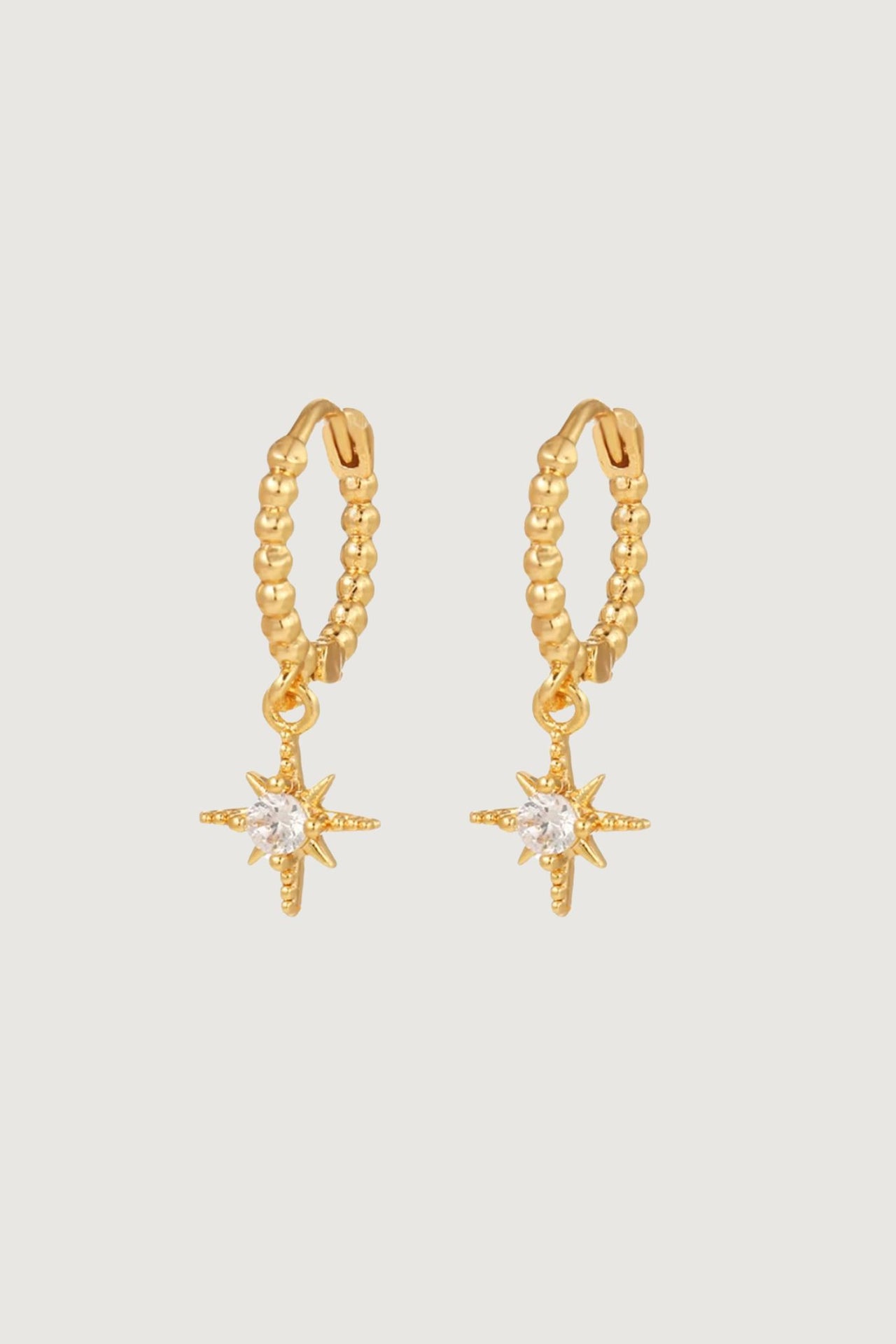 GOLD STAR DROP HUGGIE HOOP EARRINGS 18K GOLD