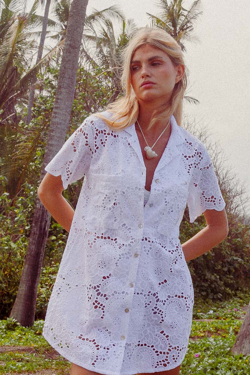 PALM COLLECTIVE ULLUWATU LACE SHIRT DRESS WHITE