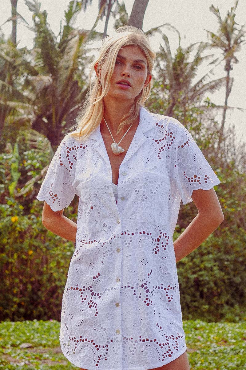 PALM COLLECTIVE ULLUWATU LACE SHIRT DRESS WHITE