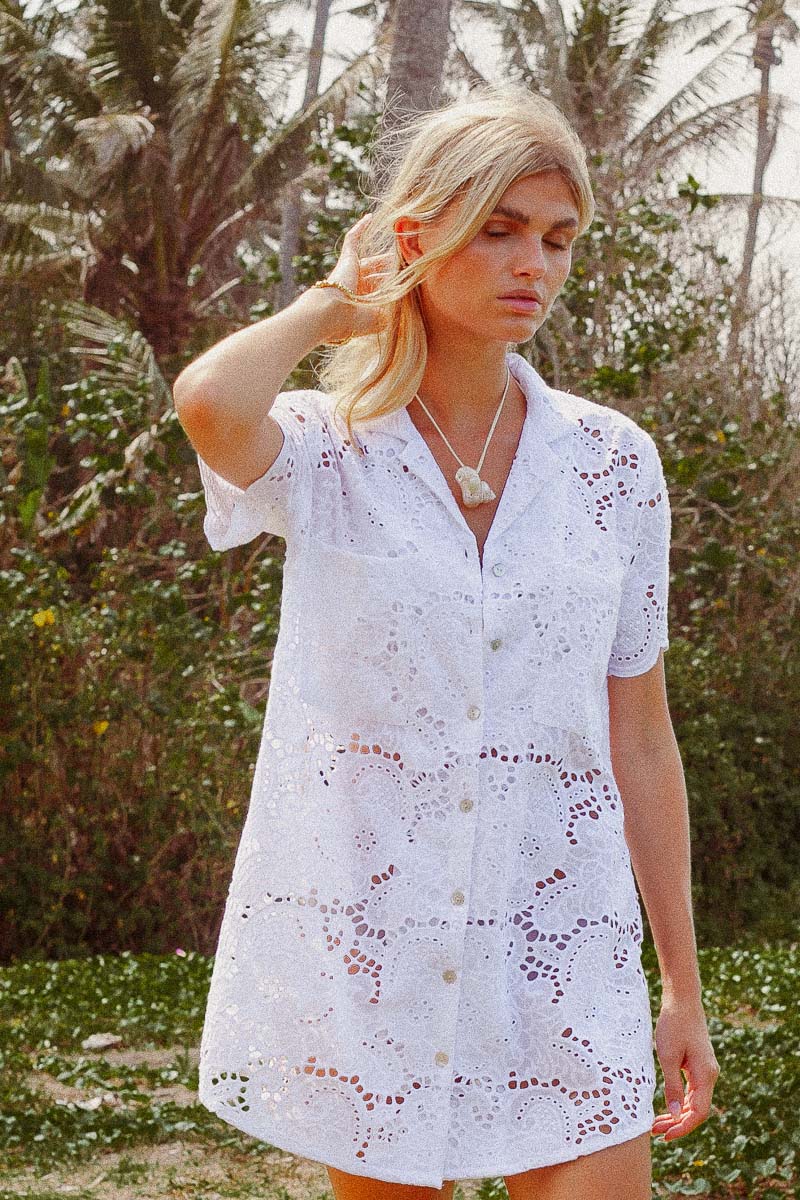 PALM COLLECTIVE ULLUWATU LACE SHIRT DRESS WHITE