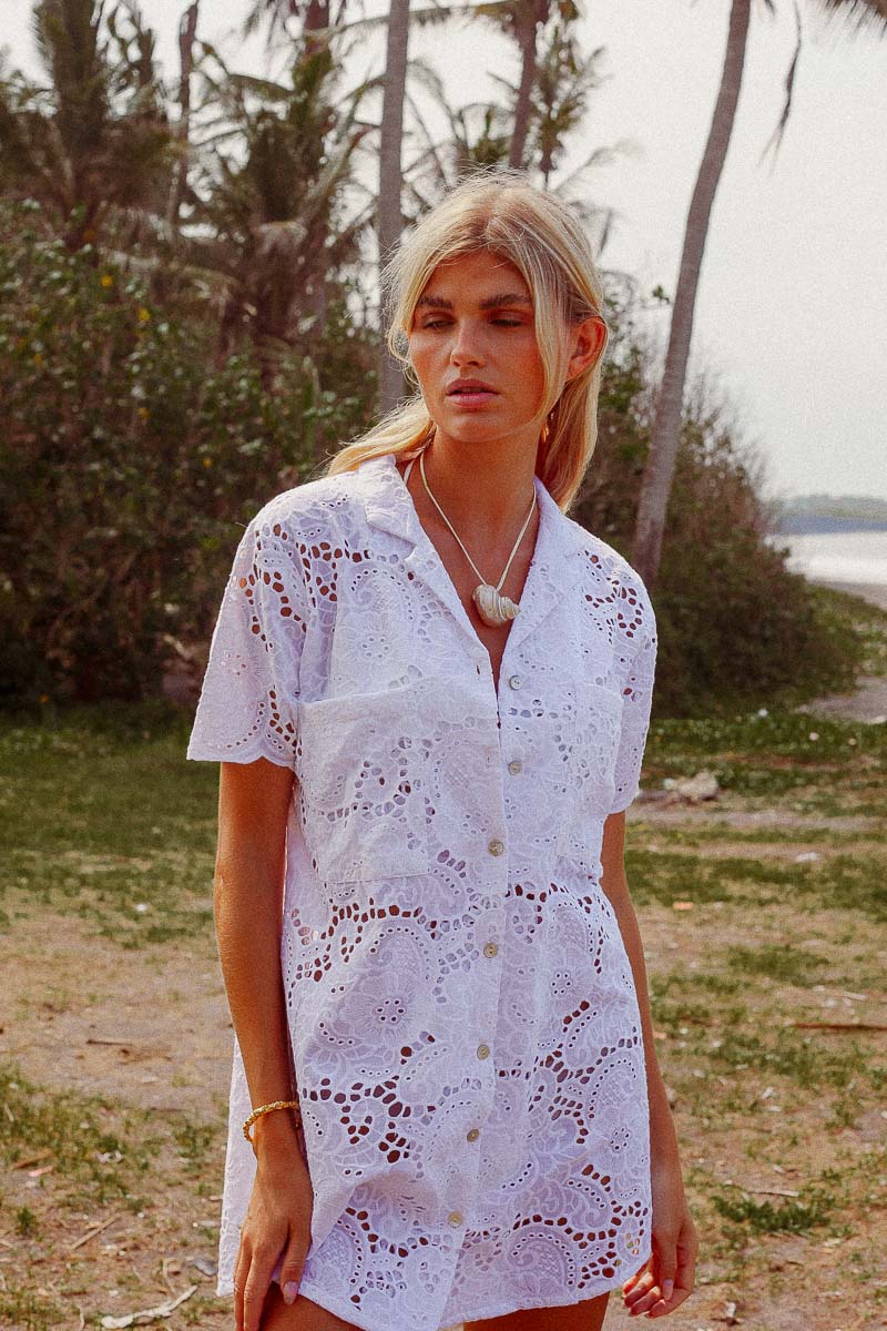 PALM COLLECTIVE ULLUWATU LACE SHIRT DRESS WHITE